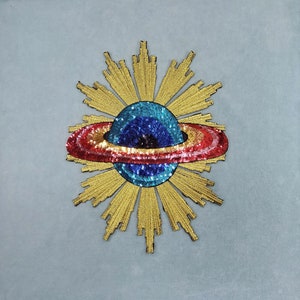 Large iron-on planet motif applique, glitter patch, iron on, to sew