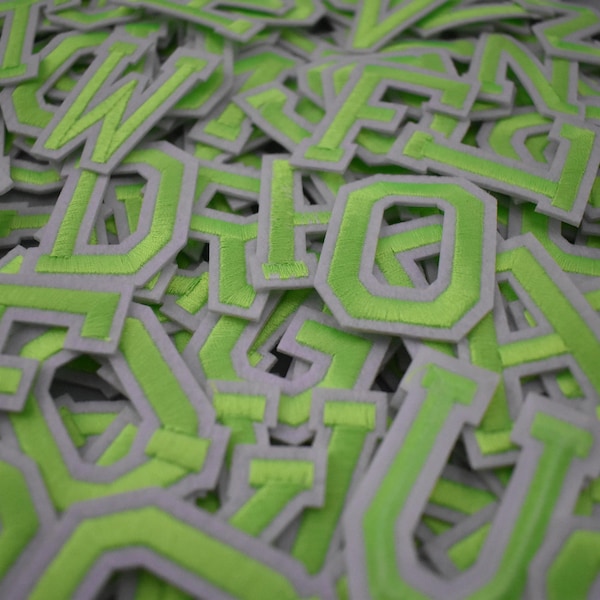 Neon green iron-on alphabet letter patches, embroidered crests, Customize, Personalize