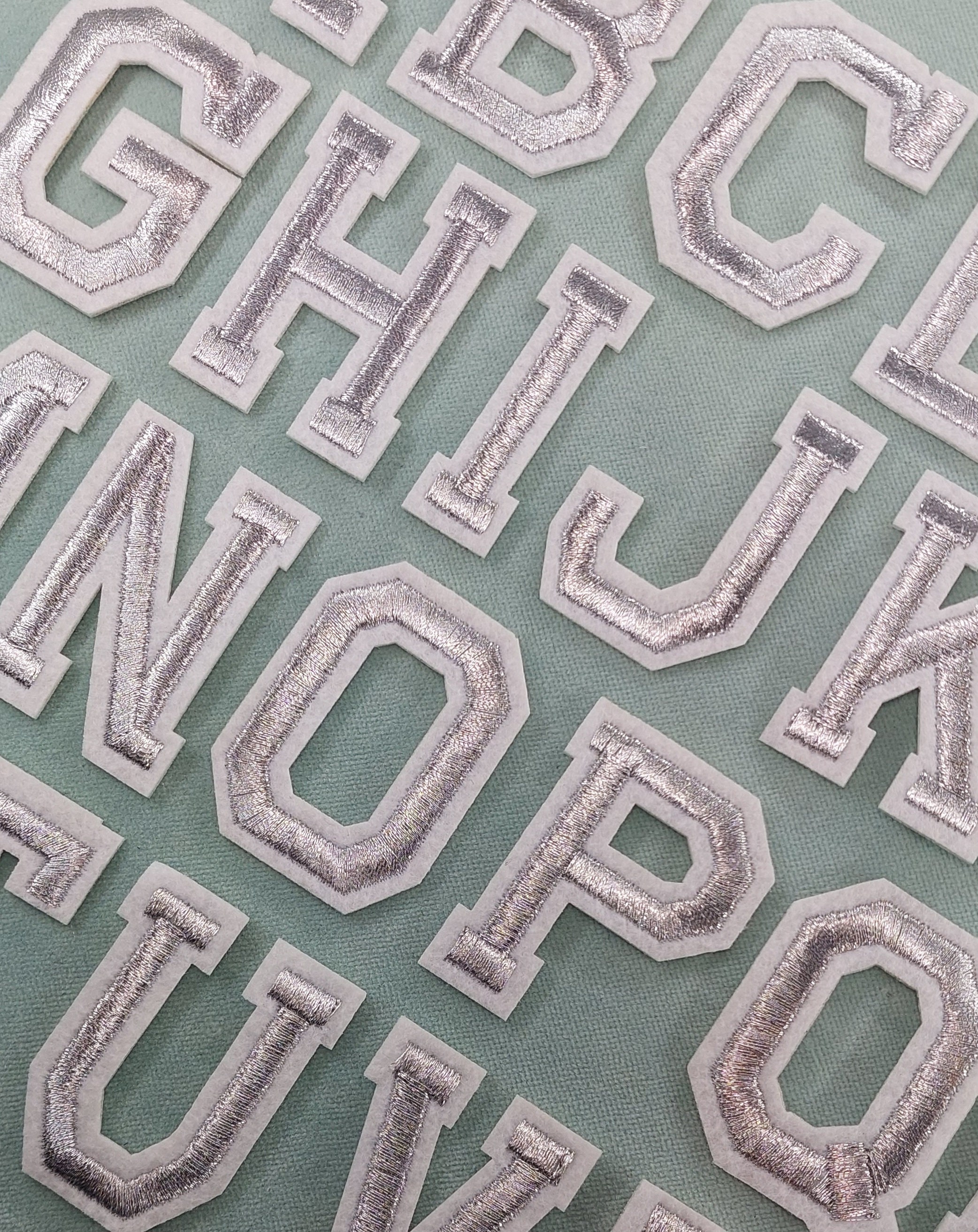 Silver iron-on alphabet letter patches, alphabetical embroidered badges, Customize, Personalize