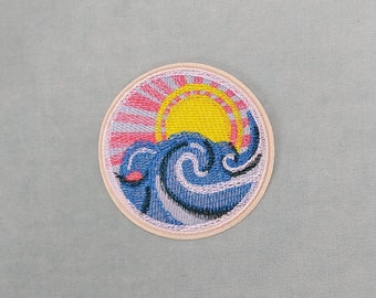 Iron-on wave sun illustration patch, embroidered canvas badge