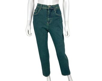 May include: A pair of dark blue denim jeans with a high waist and a straight leg.