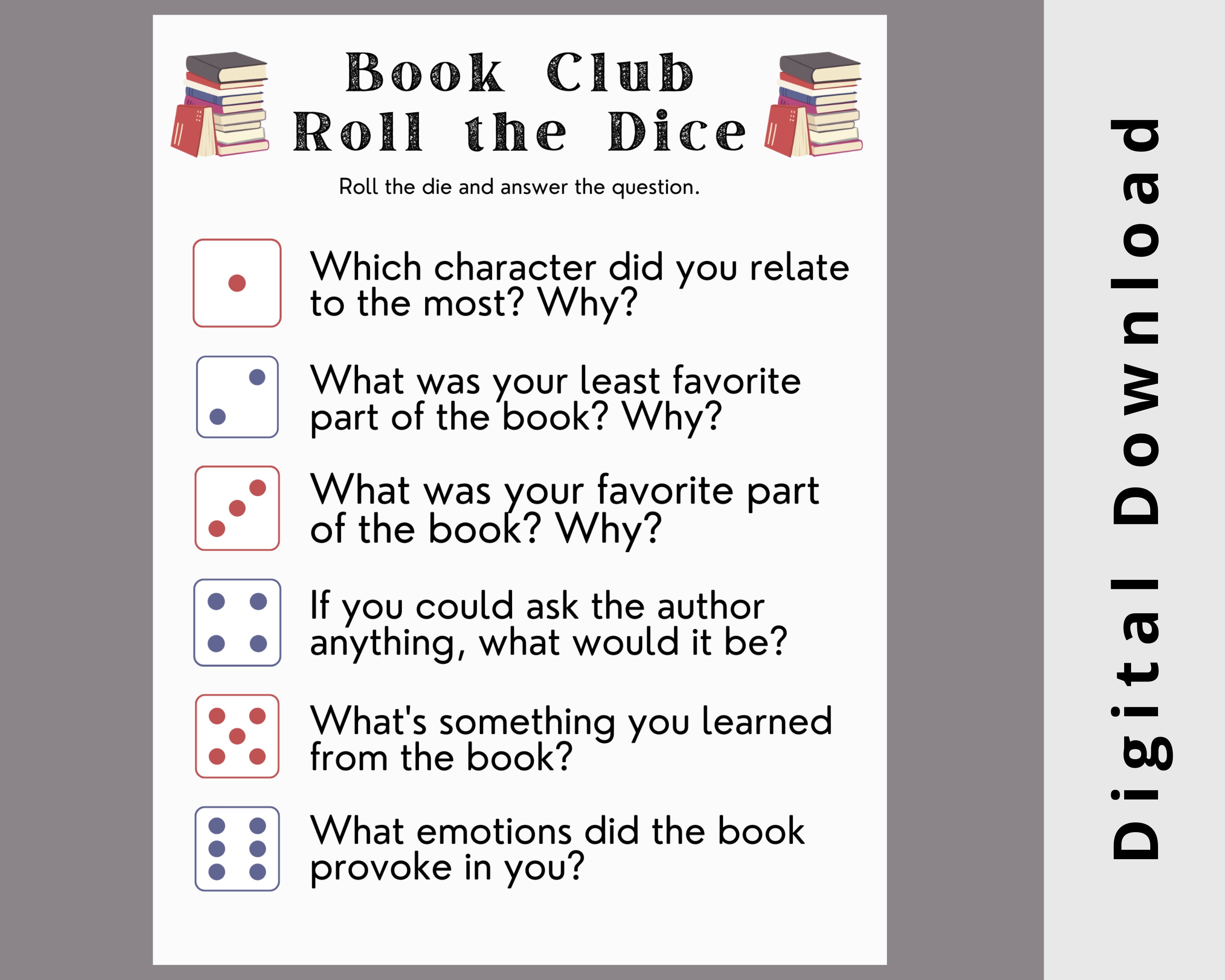 Book Club Roll the Dice Game Book Club Party Game Book Games Book