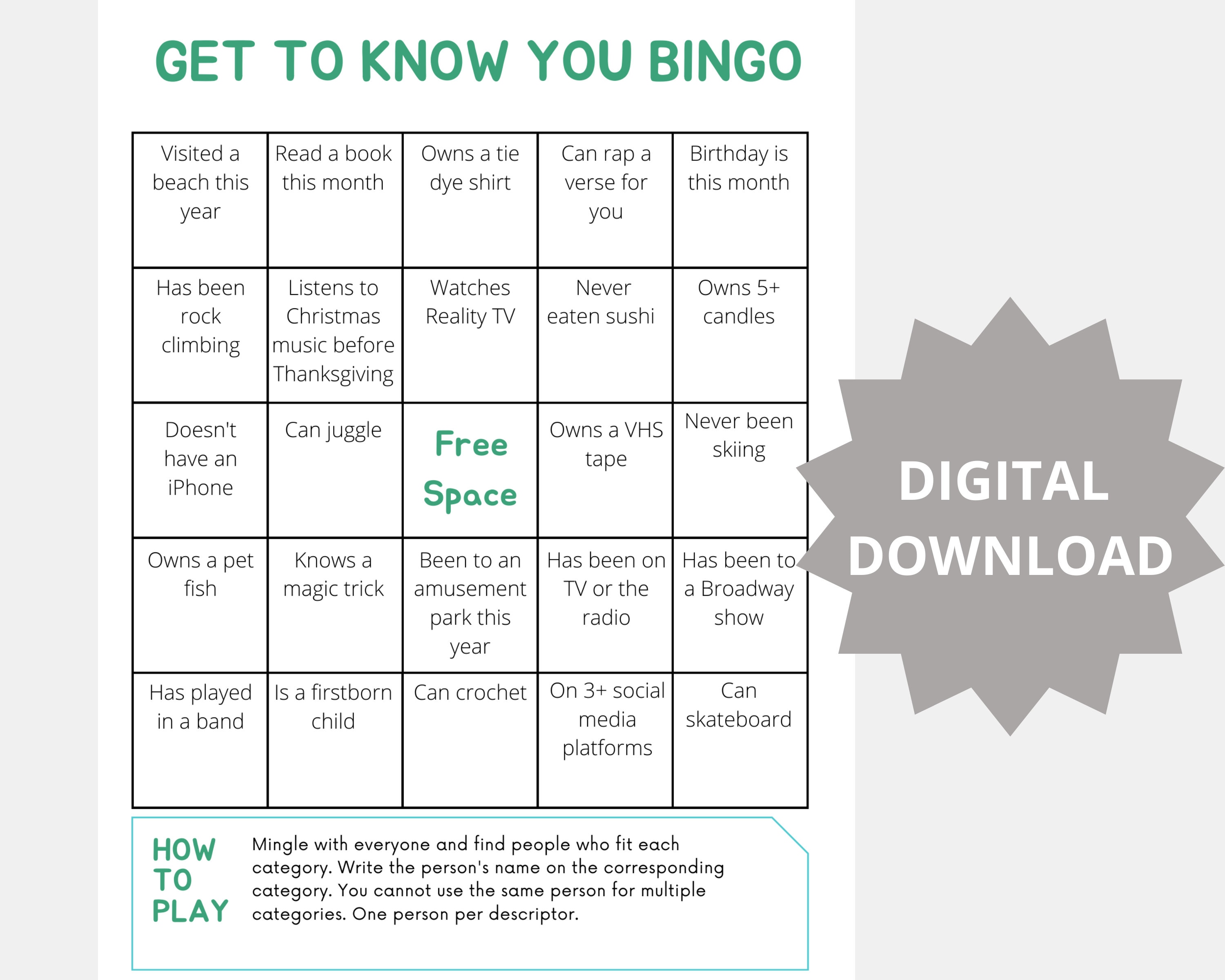 Get to Know You Bingo Game Digital Download Printable find Someone Who