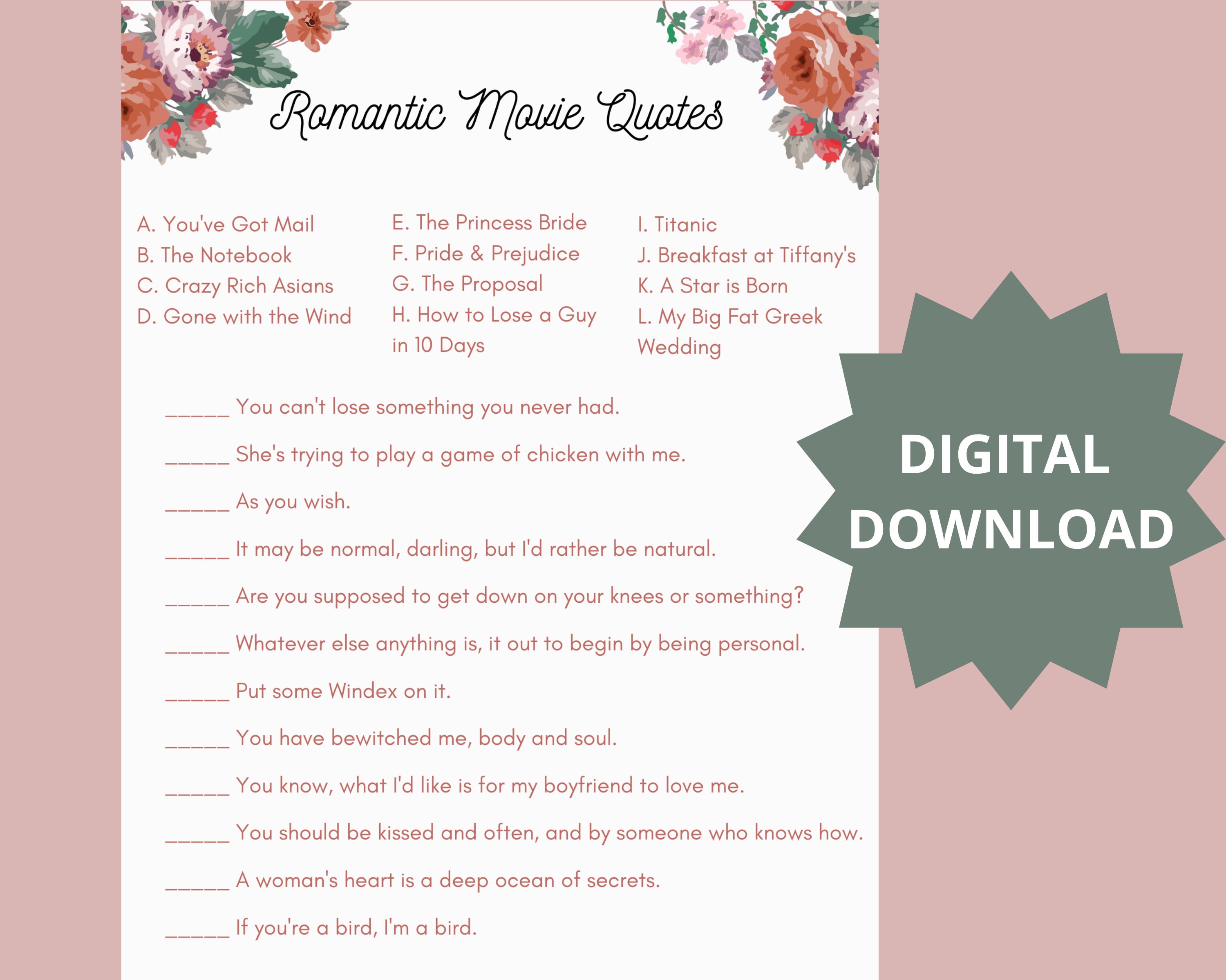 Romantic Movie Quotes Matching Game Digital Download Printable Bridal ...