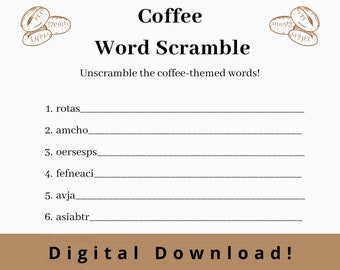 Coffee Word Scramble • Coffee Themed Party Games • Work Game • Coffee Shop Party• Brunch Game • Coffee Bridal Shower • Coffee Birthday Party