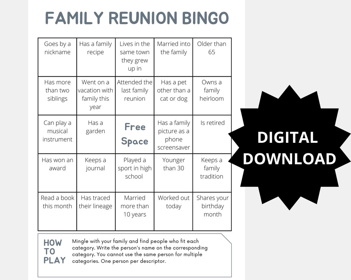 Family Reunion Bingo, Family Reunion Game, Digital Download Family ...