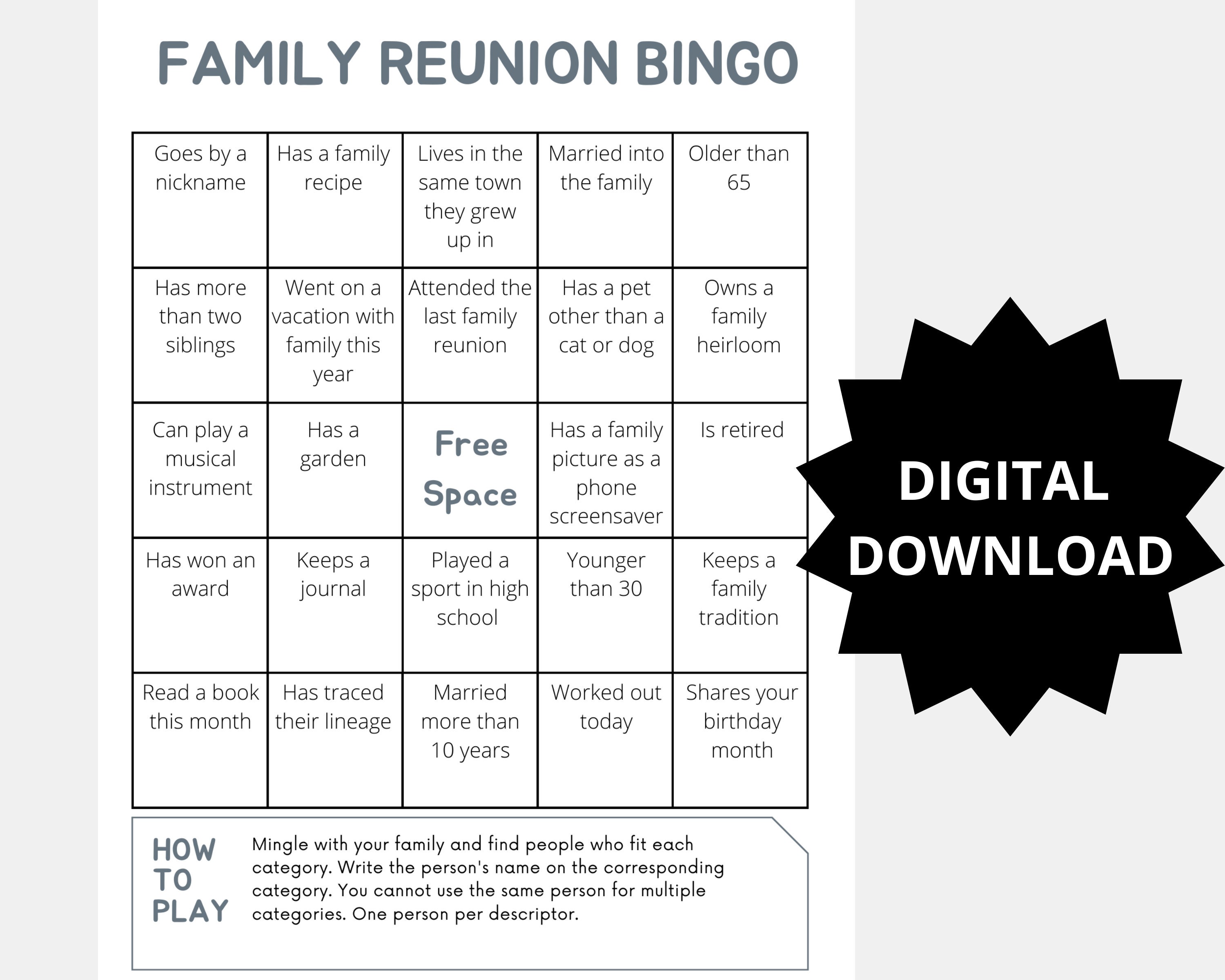 Family Reunion Bingo Family Reunion Game Digital Download Etsy