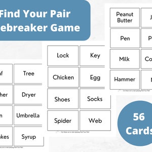 Jeu Trouvez votre duo • Jeu Apprenez à vous connaître • Jeu brise-glace • 56 cartes, 28 jeux • Jeu amusant à télécharger pour les groupes, les amis et les équipes
