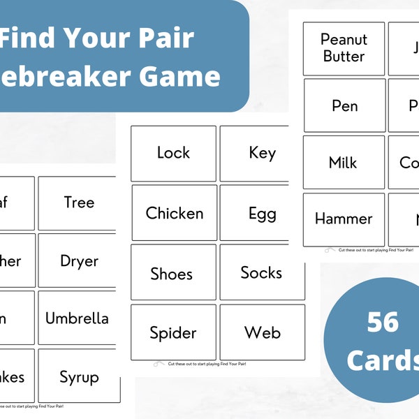 Find Your Pair Game • Get to Know You Game • Icebreaker Game • 56 Cards, 28 Sets • Fun Digital Download Game for Groups, Friends, and Teams