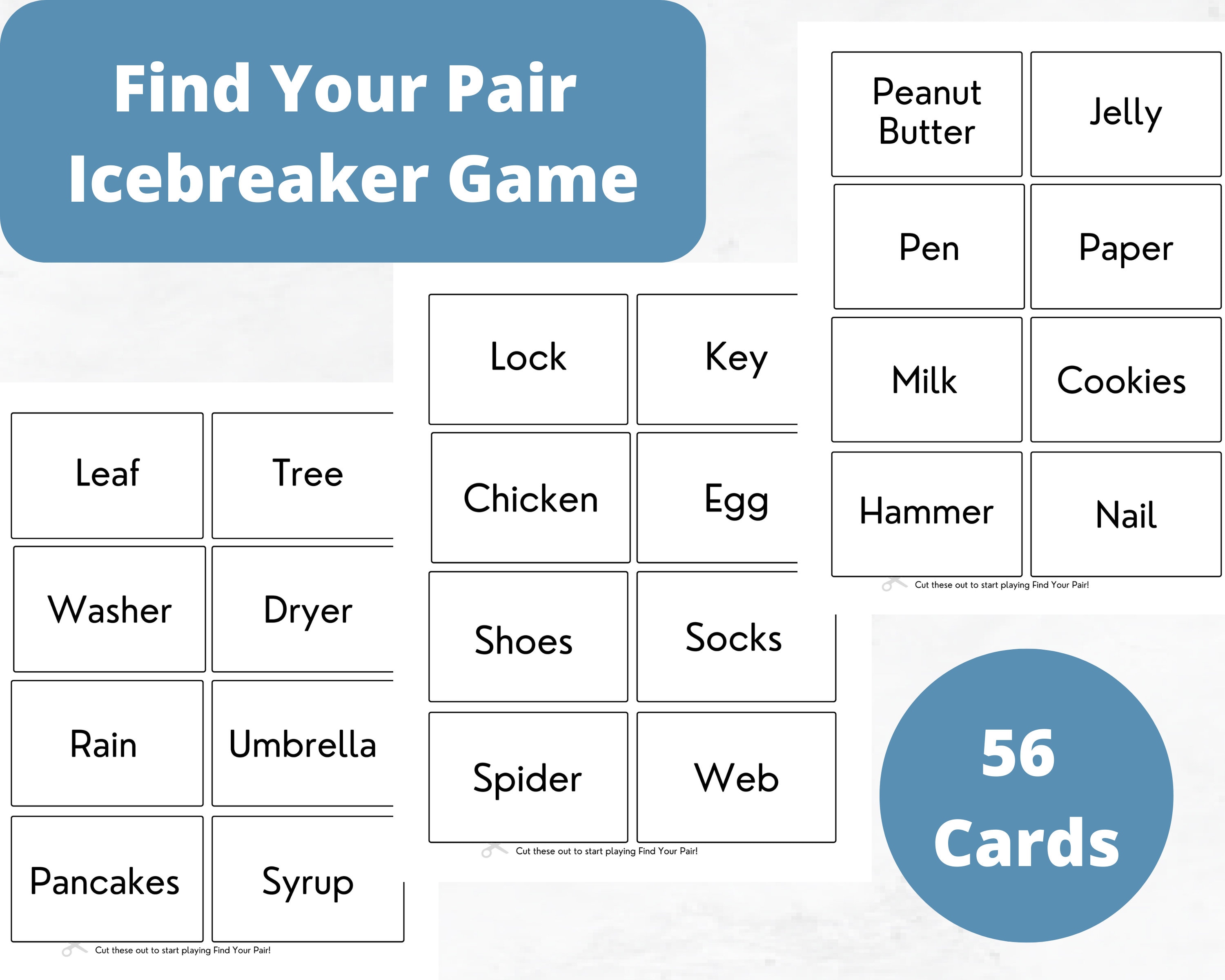 Find Your Pair Game Get to Know You Game Icebreaker Game 56 Cards, 28