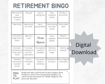 Retirement Bingo • Retirement Celebration Game • Retirement Game for Coworkers, Friends, and Family • Employee Retirement Game