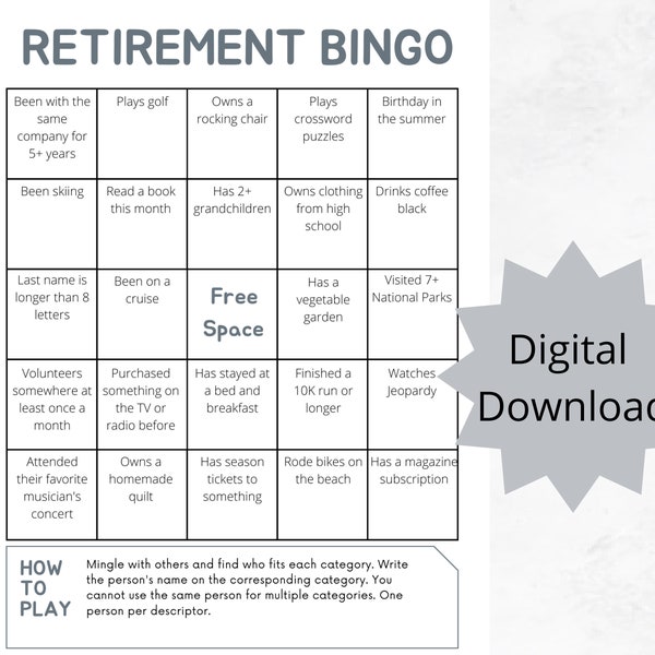 Retirement Bingo • Retirement Celebration Game • Retirement Game for Coworkers, Friends, and Family • Employee Retirement Game