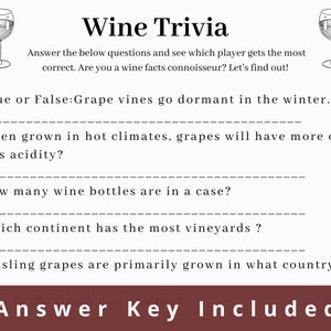 May include: A black and white image with a wine trivia game. The questions are: True or False: Grape vines go dormant in the winter. When grown in hot climates, grapes will have more or less acidity? How many wine bottles are in a case? Which continent has the most vineyards? Reisling grapes are primarily grown in what country? The text "Answer Key Included" is at the bottom of the image.