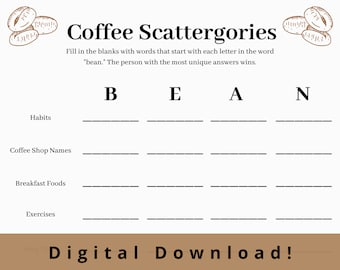 Coffee Scattergories • Coffee Themed Party Games • Work Game • Coffee Shop Party• Brunch Game • Coffee Bridal Shower • Coffee Birthday Party