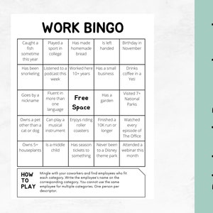 仕事用ビンゴ • 職場での自己紹介ゲーム • 従業員の仕事ゲーム • 仕事のアイスブレーカー、ダウンロード可能