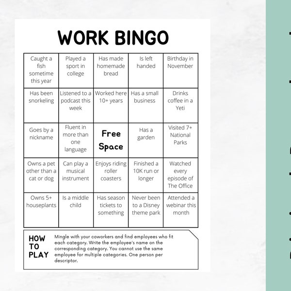 Work Bingo • Workplace Get-to-Know You Game • Employee Work Game • Work Icebreaker, Downloadable