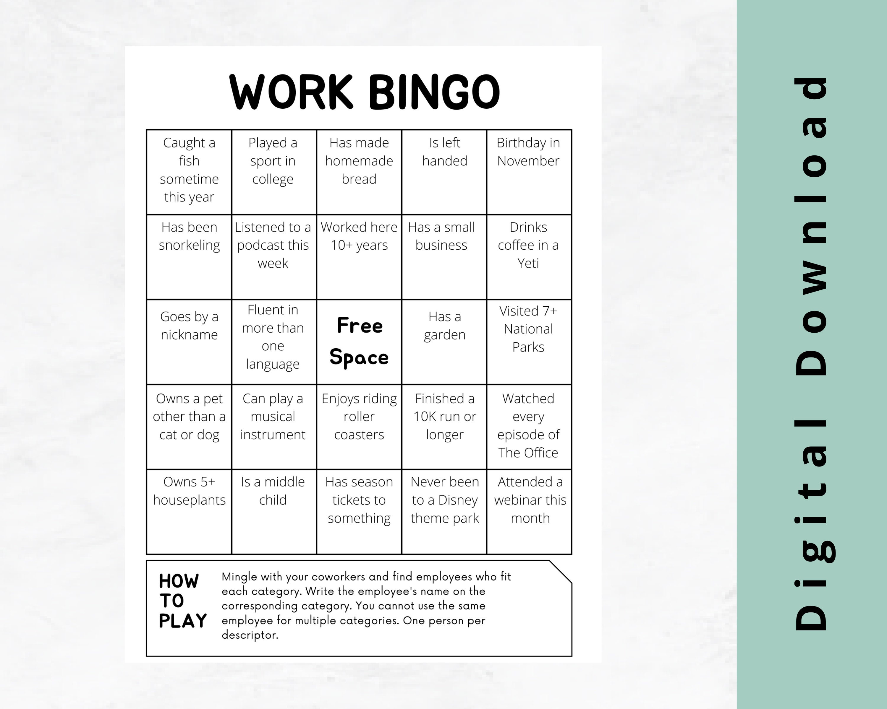 Work Bingo Workplace Get-to-know You Game Employee Work Game Work ...