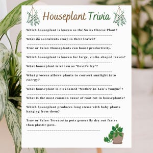 May include: A white trivia game card titled Houseplant Trivia featuring green hanging plant illustrations at the top and a potted plant at the bottom. The card contains ten questions about houseplants with dashed lines for writing answers.