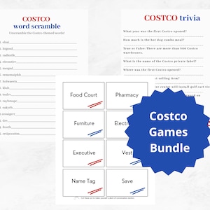 Pacote de jogos Costco | Jogo de Charadas: 40 Cartas | Curiosidades sobre Costco | Costco Word Scramble | Jogo de festa de aniversário Costco