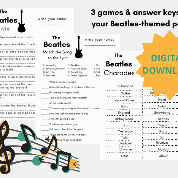 The Beatles Printable Party Games: Trivia, Song Matching, Charades