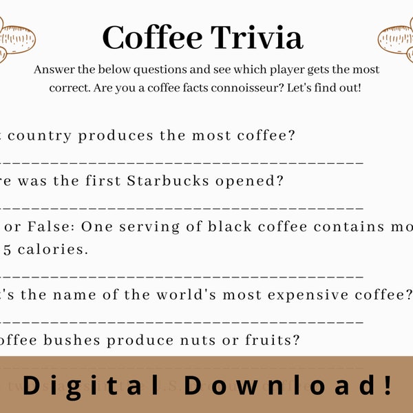 Coffee Trivia • Coffee Themed Party Games • Work Game • Coffee Shop Party• Brunch Game • Coffee Bridal Shower • Coffee Birthday Party