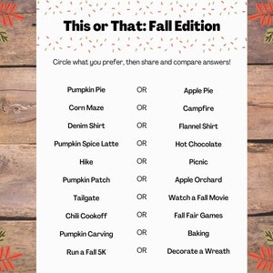 This or That: Fall Edition • Icebreaker Game for Work Groups, Family, and Friendsgiving Parties • Fall Icebreaker Game • Fall Printable