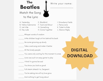 The Beatles Printable Song Matching Game, Digital Download Party Game