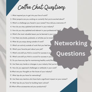 May include: A white sheet of paper with the title "Coffee Chat Questions" in a handwritten font. The paper lists 20 questions about career and networking. A gray starburst graphic reads "Networking Questions". The background is a light gray.