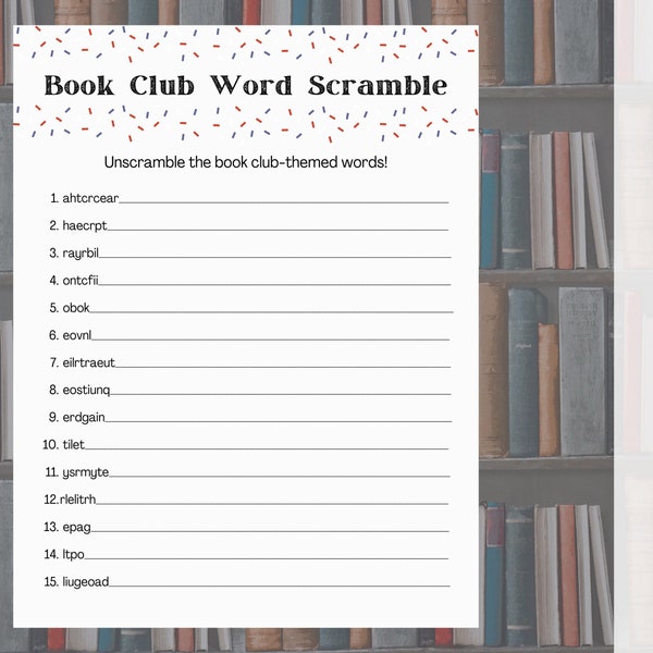 Book Club Word Scramble • Book Club Party Game • Book Games • Book Activities • Literary Games