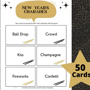 Charades du Nouvel An ou jeu d'illustrations • 50 cartes • Jeu pour la famille, les amis, les collègues • Fête des employés • Célébration du Nouvel An pour brise-glace