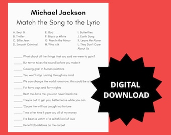 Michael Jackson Lyric Song Matching Game, Michael Jackson Partyspiel, digitaler Download zum Ausdrucken, King of Pop, Popmusikspiel