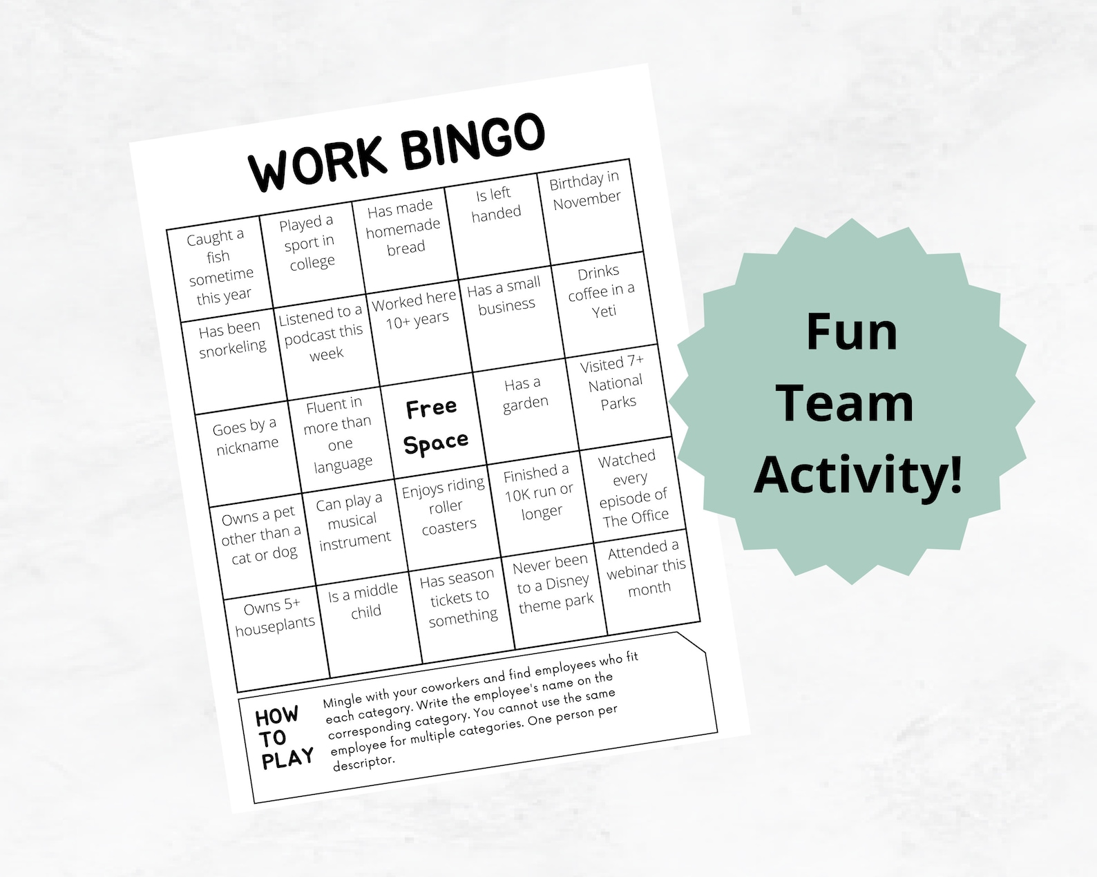 Work Bingo Workplace Gettoknow You Game Employee Work Game Work
