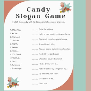 Snoep Trivia Spel • Snoep Slogan Spel • Populaire Snoep Trivia • Verjaardagsfeestje Spel • IJsbreker Spel • Digitale download • Afdrukbaar