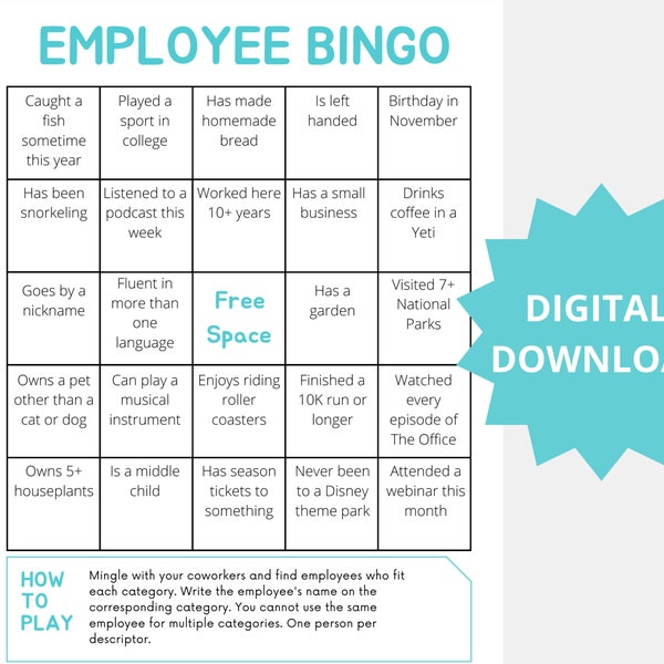 Employee Bingo • Workplace Get-to-Know You Game • Employee Work Game • Work Icebreaker, Downloadable