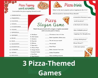 Juegos de pizza: Trivia, Sopa de letras, Juego de eslóganes / Fiesta de cumpleaños con temática de pizza, Actividad para la noche en familia
