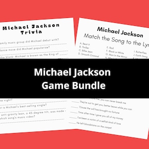 May include: Two white paper sheets featuring Michael Jackson trivia and song matching games with black text. The trivia sheet includes questions about his music career, while the matching sheet lists song titles and lyrics for players to connect.