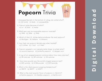 Popcorn Trivia Game • Popcorn Party Game • Popular Food Trivia • Movie Theater •  Birthday Party Game • Icebreaker Game • Digital Download