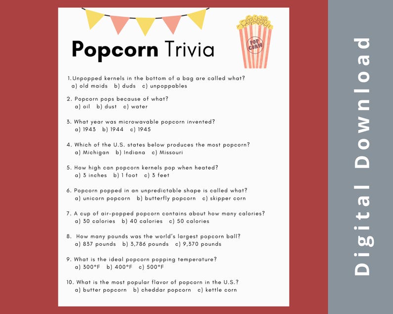 Popcorn Questions Popcorn Trivia Game • Popcorn Party Game • Popular Food Trivia • Movie ...