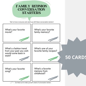 Démarreurs de conversation pour réunion de famille • 50 cartes « Faire connaissance » • Jeu brise-glace • Jeu amusant à télécharger pour un dîner en famille