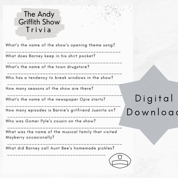 The Andy Griffith Show Trivia • Andy Griffith Trivia Game • Mayberry • Barney Fife, Opie, Aunt Bee •  Digital Download