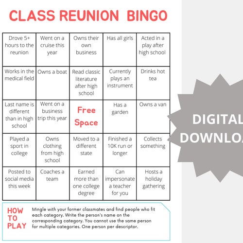 Class Reunion Bingo Class Reunion Icebreaker Mingle Game - Etsy