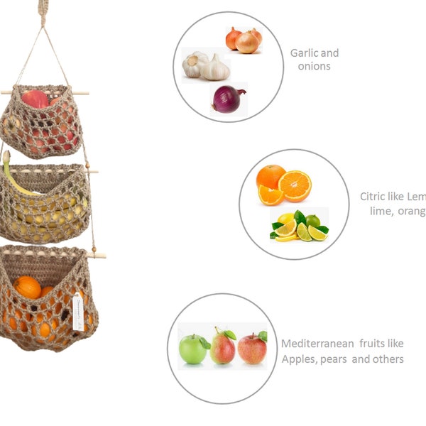 Jute Wall Hanging Basket. Storage for Fruits, Vegetables, Onion, Garlic, Citrics. Save Kitchen Space. 100% Handmade in USA