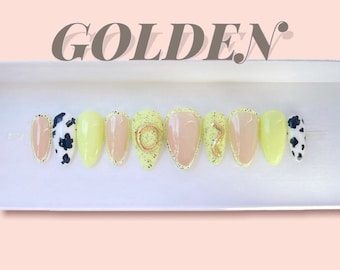 GOLDEN | Pastel Yellow Cow Print Press On Nails | Spring and Summer Nails | Short Almond Nails Made with Builder Gel Long Lasting & Reusable