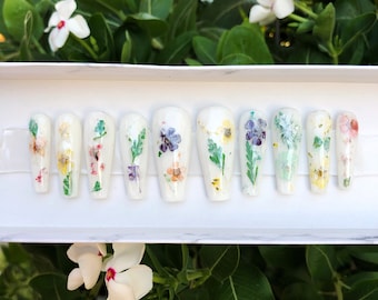 MAY | Flower Milk Bath Glossy Press On Nails | Long Coffin Luxury Nails | Real Dried Encapsulated Flowers