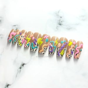 FIZZ | Retro Throwback Nails - 80’s Style Hand Painted Nail Art - Funky Nail Design | Salon Quality Reusable Press On Nails | Medium Coffin