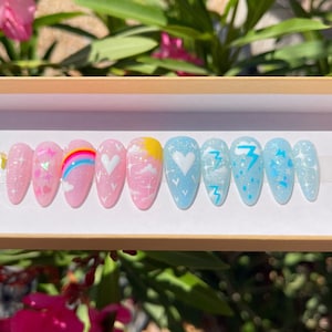 KIYOSHI | Kawaii Inspired Cute Glittery Blue & Pink Press On Nails | Reusable Luxury Glue On Nails | Summer Nails | Spring Nails