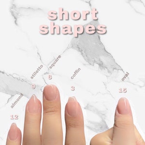 Peut inclure: Un mod&egrave;le de main pr&eacute;sente cinq formes diff&eacute;rentes de ongles courts&nbsp;: amande, stiletto, carr&eacute;, cercueil et ovale. Chaque ongle est peint d&rsquo;une couleur rose clair et &eacute;tiquet&eacute; avec le nom de la forme et un num&eacute;ro.