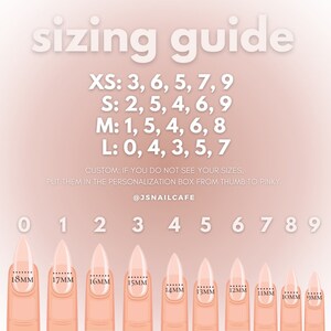 Peut inclure: Guide de taille pour les ongles en gel, montrant diff&eacute;rentes tailles de 9 mm &agrave; 18 mm. Le guide comprend un tableau avec les tailles pour les ongles extra petits, petits, moyens et grands. Le texte indique "guide de taille", "XS&nbsp;: 3, 6, 5, 7, 9", "S&nbsp;: 2, 5, 4, 6, 9", "M&nbsp;: 1, 5, 4, 6, 8", "L&nbsp;: 0, 4, 3, 5, 7", "PERSONNALIS&Eacute;&nbsp;: SI VOUS NE TROUVEZ PAS VOTRE TAILLE, INDIQUEZ-LA DANS LA BO&Icirc;TE DE PERSONNALISATION DU POUCE AU PETIT DOIGT." et "@JSNAILCAFE".