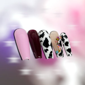 MILEY | Purple Cow Design Press On Nails | Colorful Star 3D Design | Reusable Luxury Glue On Nails | Long Coffin Nails
