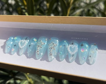 SUGAR FROST | Glittery Ice Blue Kawaii Press On Nails | Hard Gel Durable Nails | Reusable Glue On Nails | Medium Almond | Silver Gems